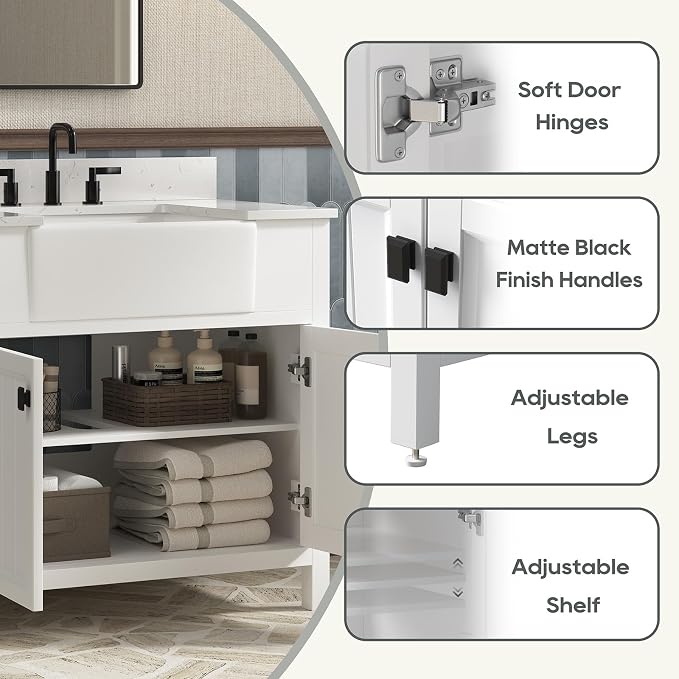36 Inch Farmhouse Bathroom Vanity with Sink, White | Solid Wood Bathroom Sink Cabinet with Soft Close Doors, Single Sink Bathroom Vanity with Adjustable Feet, Apron Farm Sink