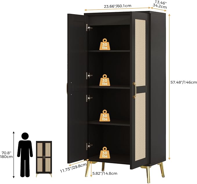 JASIWAY Tall Bathroom Storage Cabinet 57" Rattan Pantry Cabinet, Black | With Doors and Adjustable Shelves, Freestanding Linen Closet & Wardrobe for Bathroom Laundry Bedroom, Anti-Tipping Device