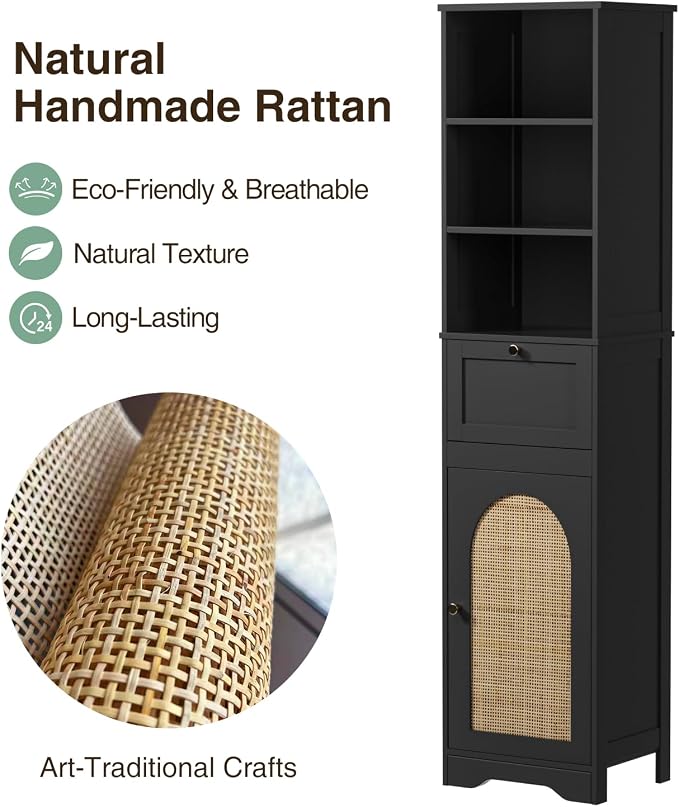 Tall Narrow Rattan Bathroom Storage Cabinet with Doors and Drawers, Black | Freestanding Skinny Tower Linen Cabinet, Rattan Door, Rattan Drawer, Adjustable Shelves, Open Storage, for Kitchen, Bathroom