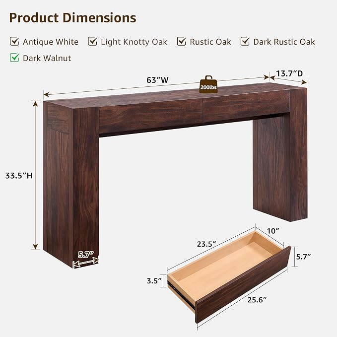 OKD 63" Console Table with Drawers, Thick Block Entryway Table, Walnut