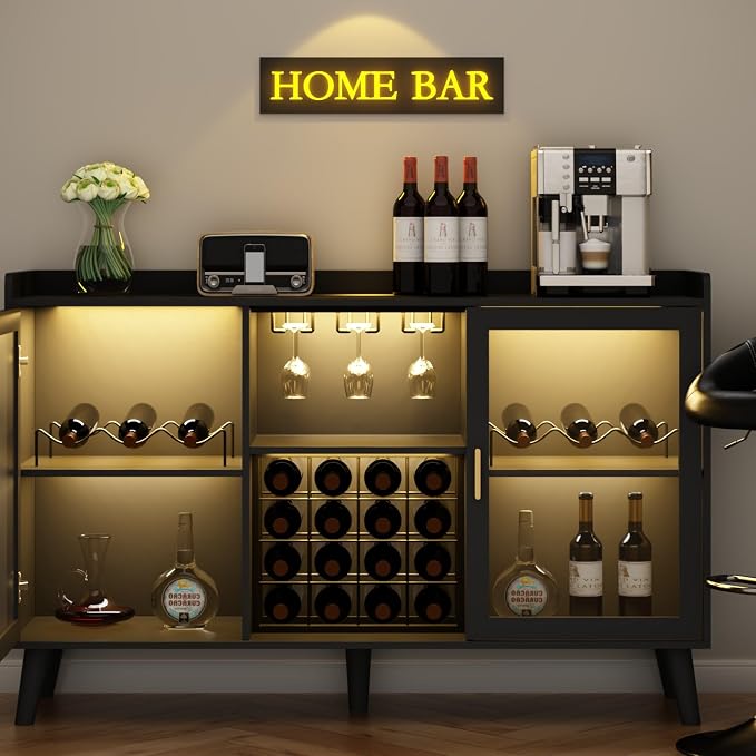 Wine Bar Cabinet with LED Light, Home Coffee Cabinet w/ Wine & Glass Holder
