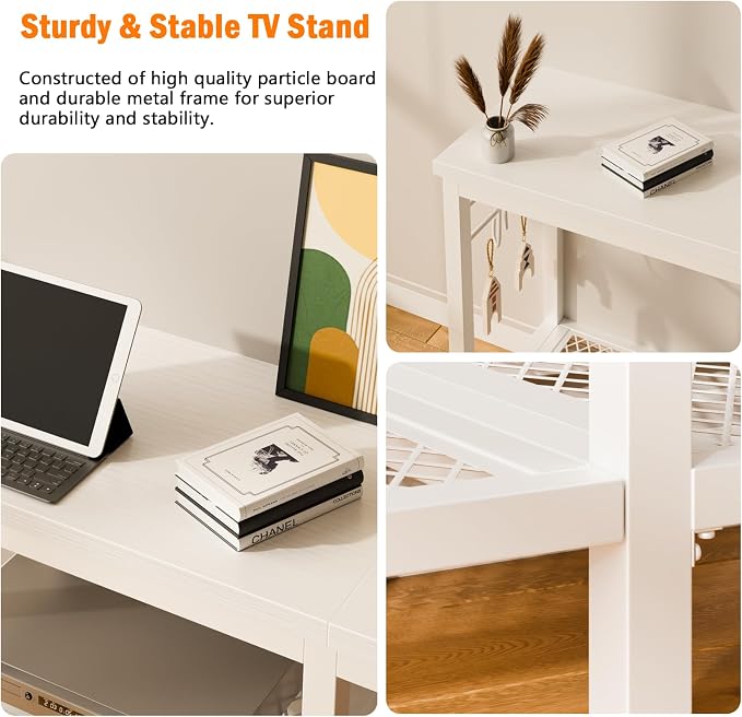 Furologee TV Stand for TVs up to 55 Inch, Entertainment Center with Open Storage Shelves, Media Console Table with Soundbar Shelf for Living Room, Bedroom, White