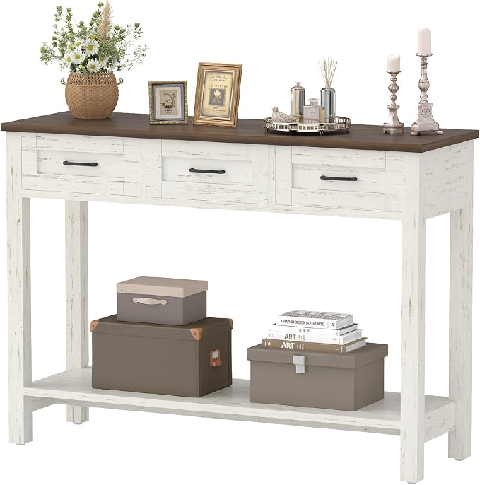 YOSHOOT 45" Farmhouse Entryway Console Table, Desk Behind the Couch with 3 Drawers and 2-Tier Shelves, Narrow Sofa Table for Hallway, Bedroom, Living Room, White Brown
