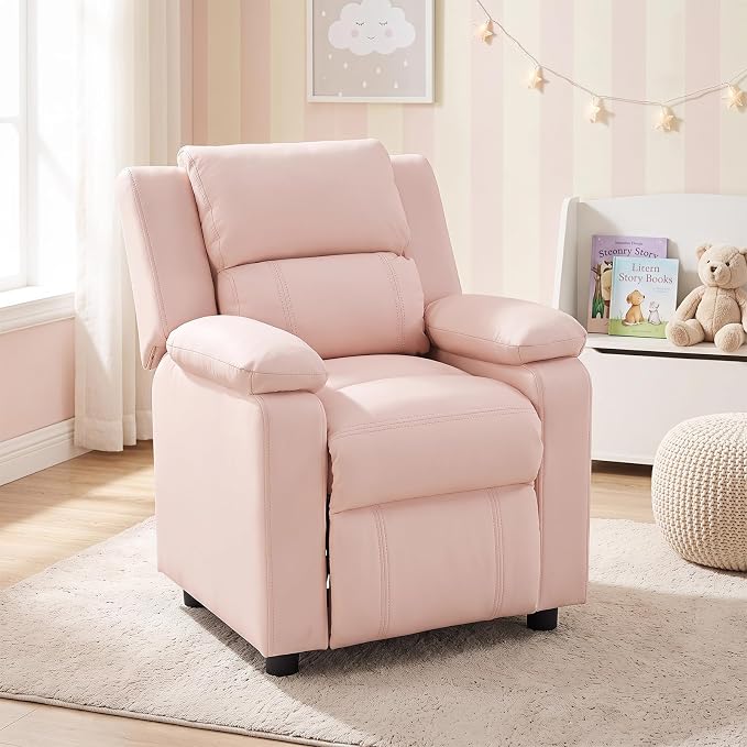 CANMOV Kids Push Back Recliner Chair, Pink Faux Leather Toddler Sofa.