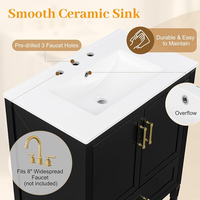 Merax 30" Bathroom Vanity with Undermount Ceramic Sink, Cabinet with Two Door Rack Shelves and One Drawer, Soft Closing Doors, Black