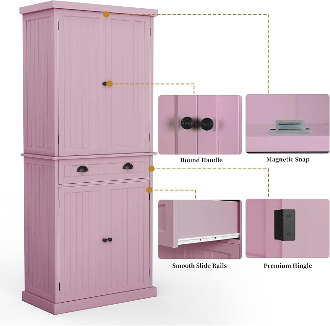 ARTPOWER 72" Tall Kitchen Pantry Storage Cabinet with Drawer and Adjustable Shelves, Pantry Cabinet for Kitchen, Bathroom or Hallway, Pink