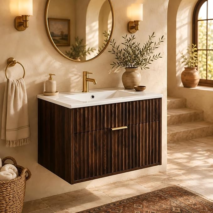 VINGLI 24 Inch Floating Bathroom Vanity with Sink, Wall-Mounted Dark Walnut Cabinet with Fluted Drawer, Divided Storage, Gold-Tone Handle and Ceramic Sink