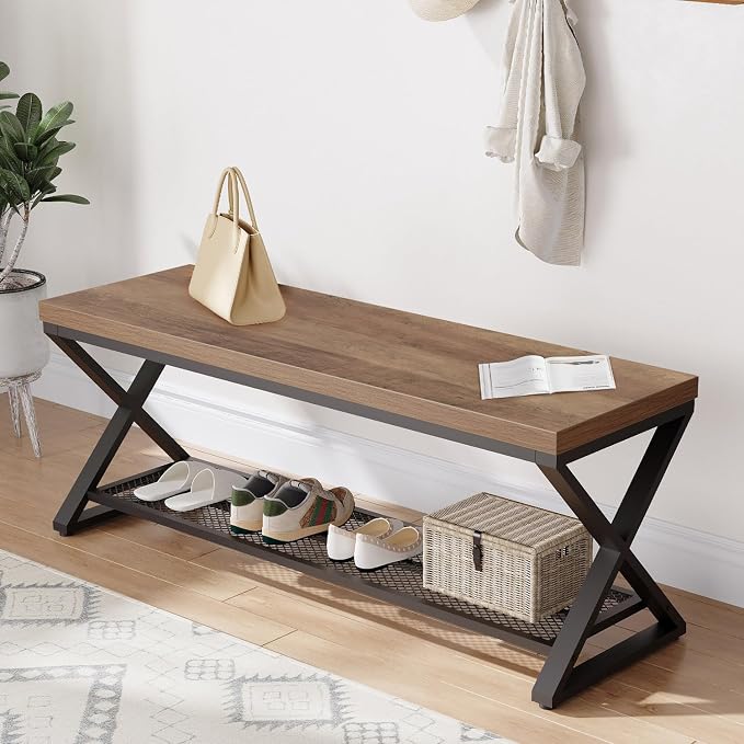 LVB Entryway Bench, Indoor Shoe Bench with Storage & Seating Rustic Oak 47"