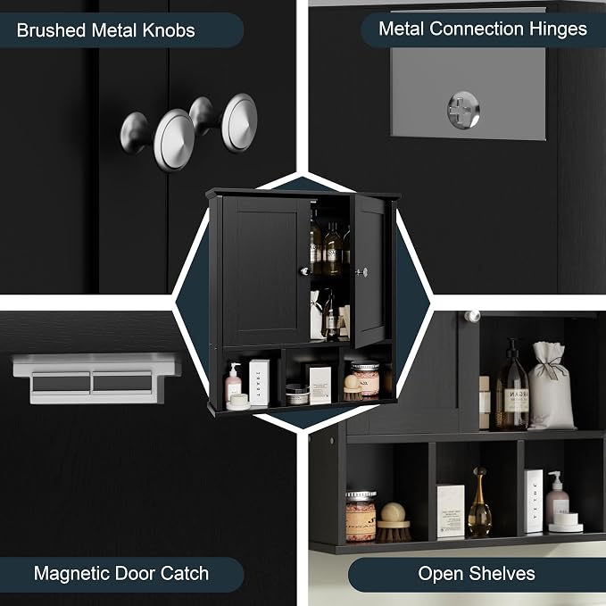 DL-win Meilocar Bathroom Wall Cabinet, Bathroom Cabinet Wall Mount Organizer Shelf for Toiletries, Towels & Essentials – Waterproof MDF, Space-Saving Bathroom Storage (Classic Black)
