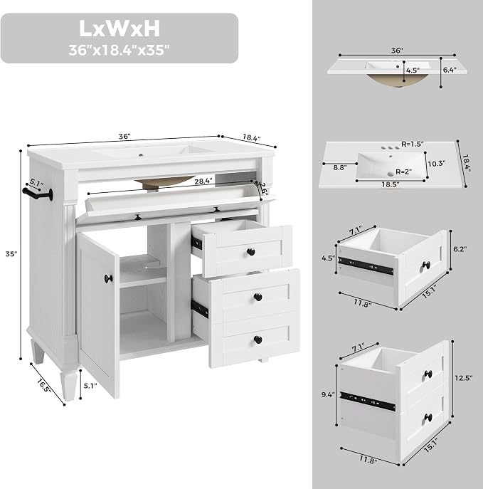 LIKIMIO 36 Inch Bathroom Vanity with Sink, Adjustable Solid Wood Legs | Modern Bathroom Storage Cabinet with Towel Holder, Tip-Out Drawer, 2 Drawers & Adjustable Shelf, Nature