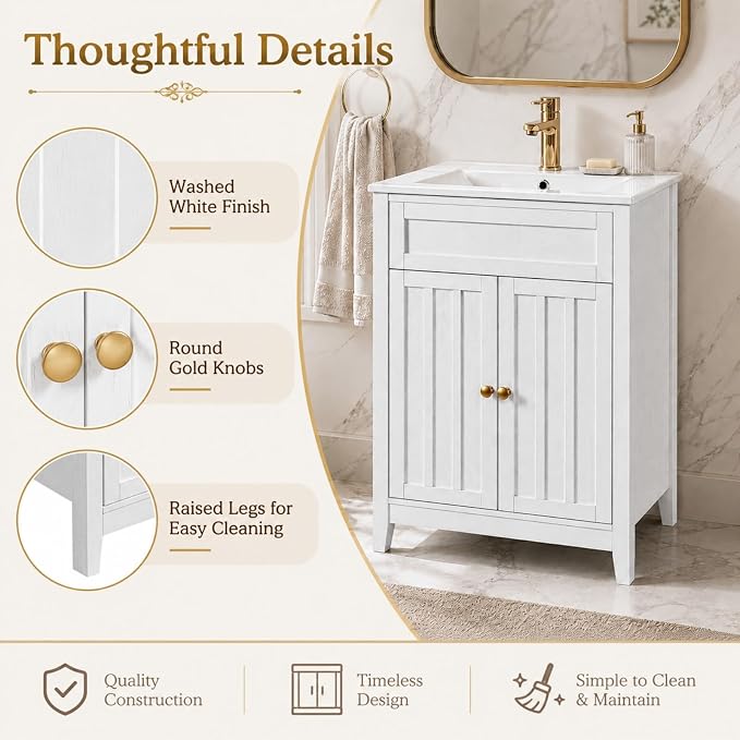 VINGLI 24 Inch Bathroom Vanity with Sink, Washed White Freestanding Farmhouse Vanity Cabinet, Single-Hole Ceramic Basin with Overflow, 2-Door Storage with U-Shaped Shelf