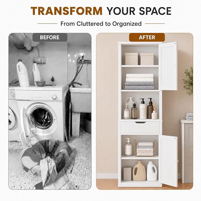 Walsunny Tall Bathroom Storage Cabinet with 6 Adjustable Shelves, White | Anti-Tip Safety, Waterproof MDF, 2 Doors + 1 Drawer, Easy Assembly, for Bathroom/Living Room/Kitchen