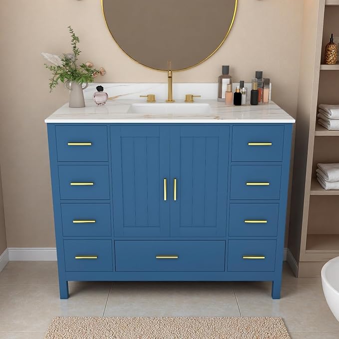 Montary 42" Bathroom Vanity with Sink & 43" Carrara Sintered Stone Top | with 3 Pre-Drilled Faucet Holes, Solid Wood Cabinet, Soft-Close Double Doors & 9 Smooth-Glide Drawers,Blue