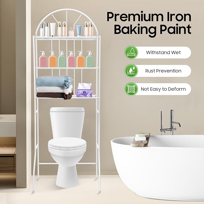 3-Tier Over The Toilet Storage Rack, Space Saver Metal Bathroom Shelves, Freestanding Over Toilet Bathroom Organizer for Bathroom/Living Room (White)
