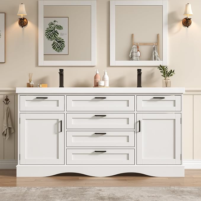 59" Bathroom Vanities Cabinet with Double Sink Combo,Modern Undermount Vanity Sink Cabinet with 2 Storage Doors and 3 Drawers,High Freestanding Bathroom Storage Cabinet with 3 Flip-top Drawers(White)