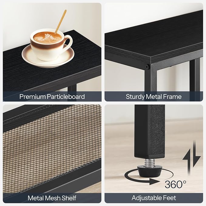 HOOBRO Narrow Console Table, Sofa Table, 4-Tier Industrial Entryway Table with Metal Mesh Shelf, Hallway Table with Adjustable Feet, for Entryway, Living Room, Hallway, Black BB79XG01