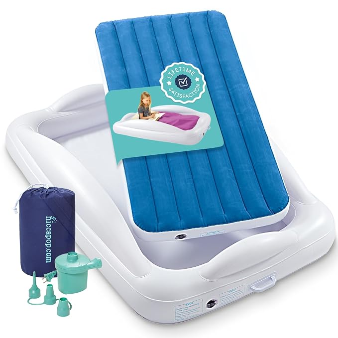 Hiccapop Inflatable Toddler Bed with Safety Bumpers, Kids Travel Bed, Blue