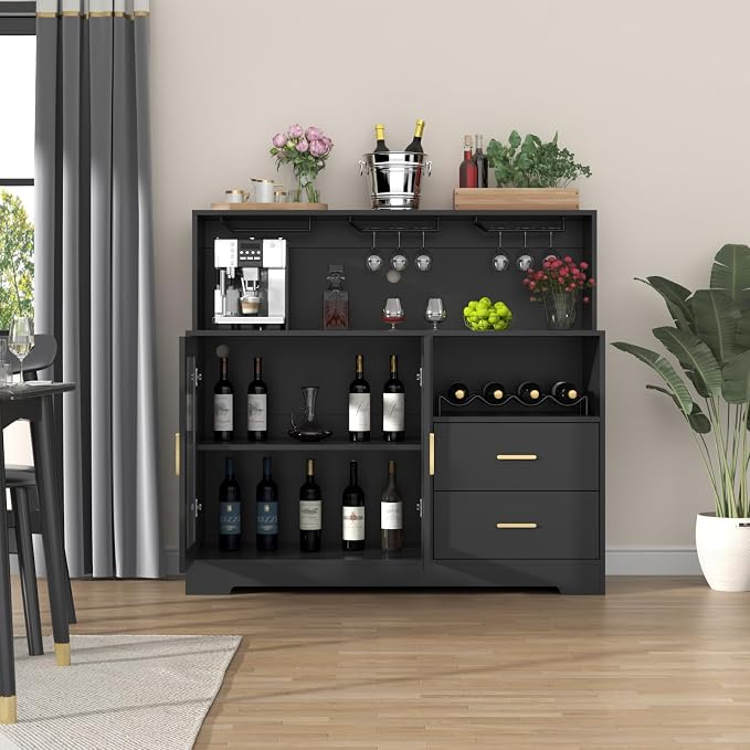 Bar Cabinet for Home with LED Light,Coffee Bar Cabinet w/ Wine & Glass Rack