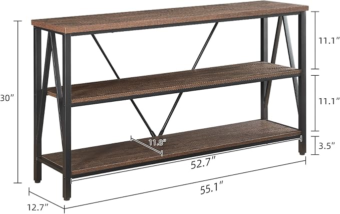 Entryway Console Table, 3 Tier Entry Table with Open Shelves, Brown, 55 IN