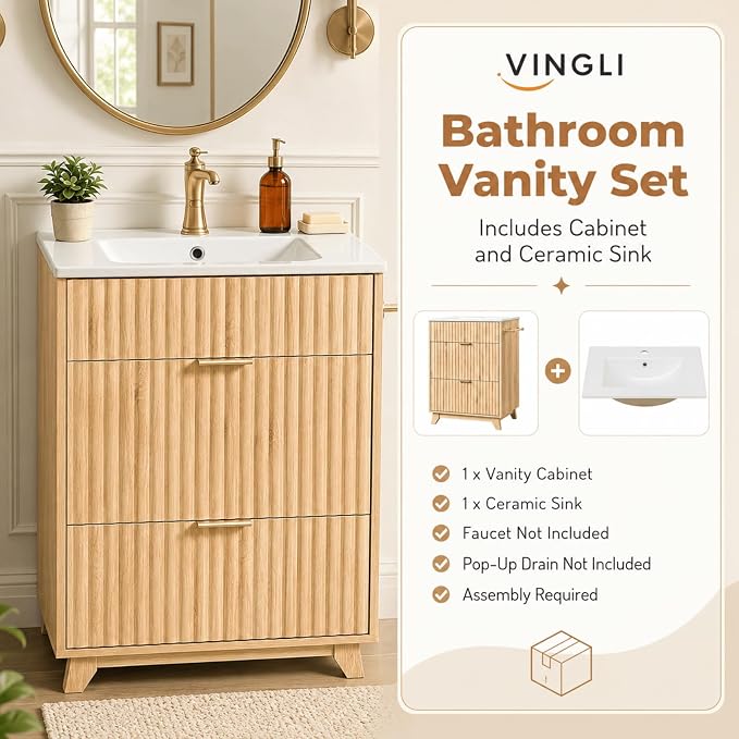 VINGLI 24 Inch Bathroom Vanity with Sink, Modern Fluted Bathroom Vanity Cabinet with Drawers, Freestanding Oak Bathroom Sink Cabinet, Ceramic Basin, Side Toilet Paper Holder, Oak