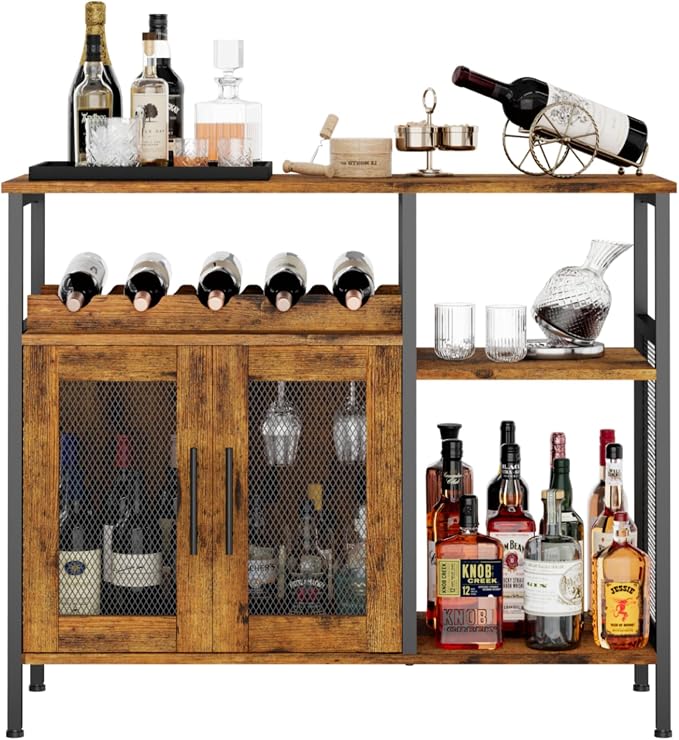 X-cosrack Wine Bar Rack Cabinet with Detachable Wine Rack, Coffee Bar Cabinet with Glass Holder, Small Sideboard and Buffet Cabinet with Mesh Door, Rustic Brown, Large