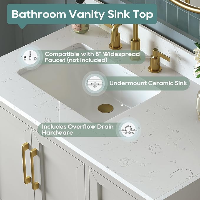 36 Inch Bathroom Vanity with Sink Combo, Greige | Solid Wood Frame with Marble Top & Backsplash & Ceramic Sink, Fully-Assembled with Soft-Closing Doors & 4 Dovetail Drawers