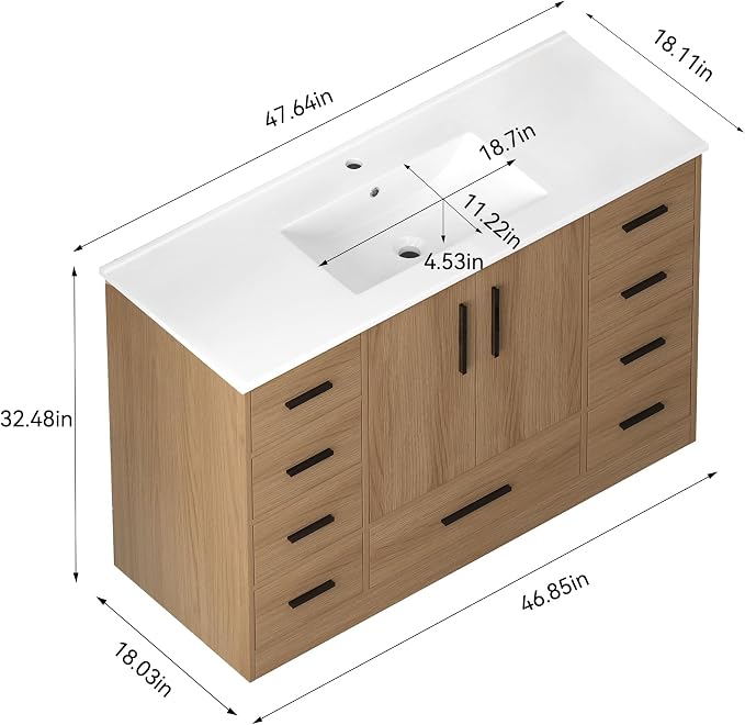 LUMISOL 48 Inch Bathroom Vanity with Sink, Freestanding Bathroom Vanity with 9 Storage Drawers and 2 Soft-Closing Doors, Wood 48" Bathroom Vanities with Resin Sink, Light Oak