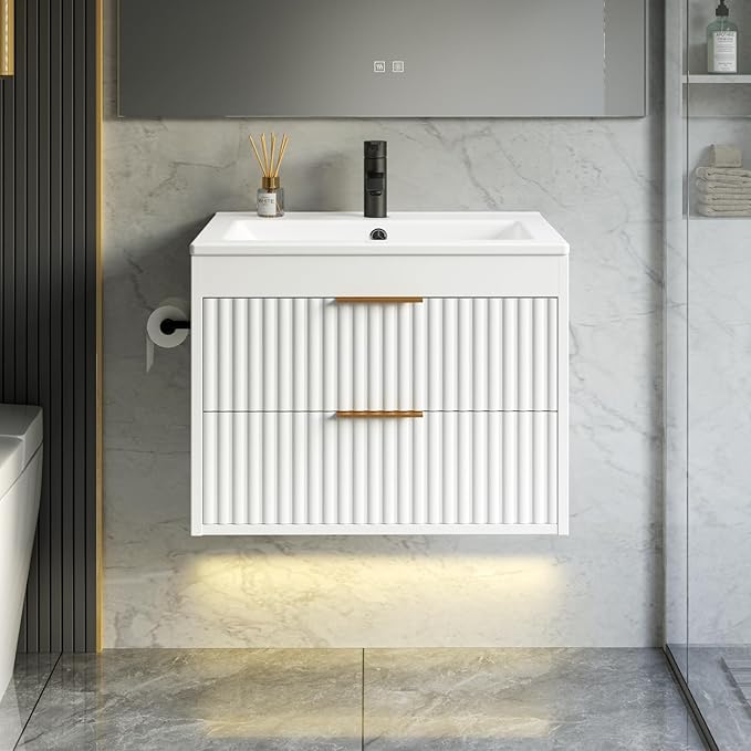 24 Inch Floating Bathroom Vanity with Sink & Towel Holder, Fluted Wall Mounted Vanity Cabinet for Small Bathroom, Modern Combo with LED Light, Metal Handle & Soft-Closing Drawers, White