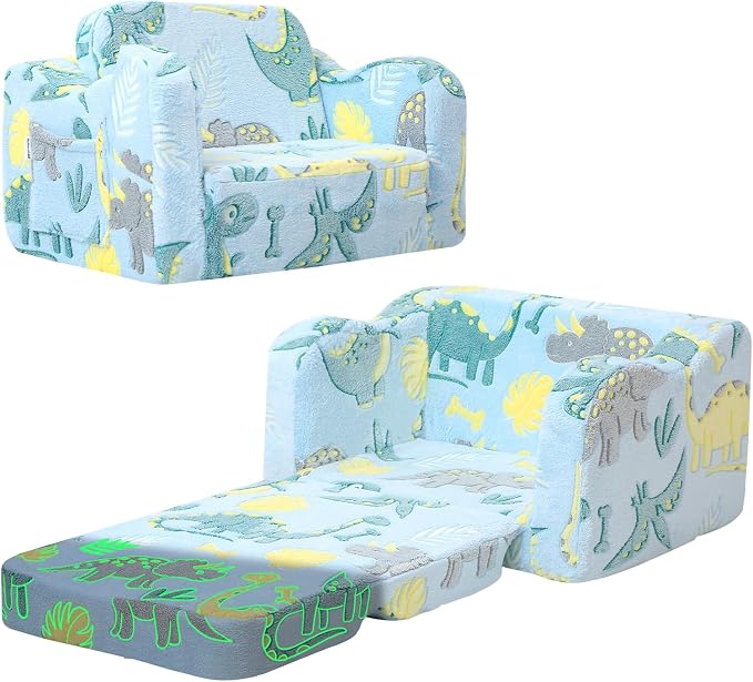 MeMoreCool Glow in the Dark Dinosaur Toddler & Kids Couch, Fold Out Sofa