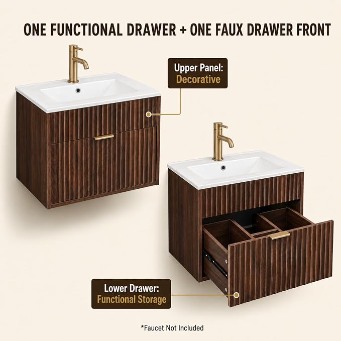 VINGLI 24 Inch Floating Bathroom Vanity with Sink, Wall-Mounted Dark Walnut Cabinet with Fluted Drawer, Divided Storage, Gold-Tone Handle and Ceramic Sink
