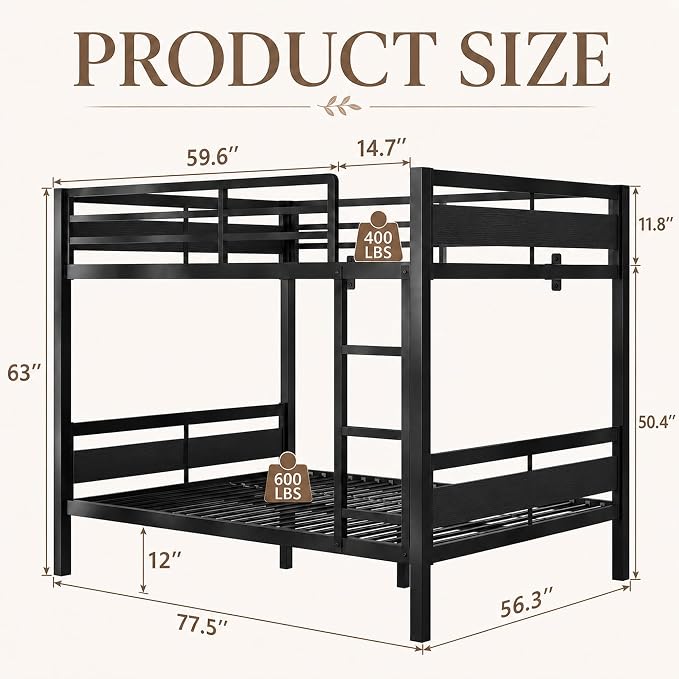 Feonase Metal Bunk Bed Full Over Full with Ladder and High Guardrail, Heavy-Duty Metal Slats Support, Noise Free, No Box Spring Needed, for Kids and Juniors, Black