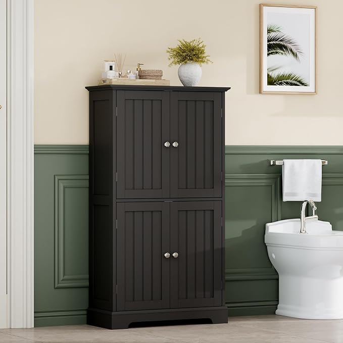 ChooChoo Bathroom Floor Cabinet with Adjustable Shelves | Bathroom Storage Cabinet, 4 Doors, Freestanding Cupboard for Living Room, Black