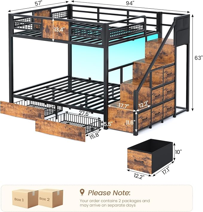 BTHFST Bunk Bed Full Over Full with Stairs, Storage Drawers and LED Lights