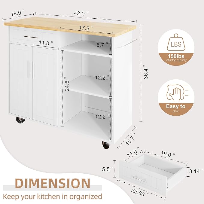 Shintenchi Kitchen Island Cart with Storage,Rolling Kitchen Island Side Table on Wheels with Large Worktop,Storage Cabinet,Towel Rack and Drawers for Kitchen,Dinning Room,Black