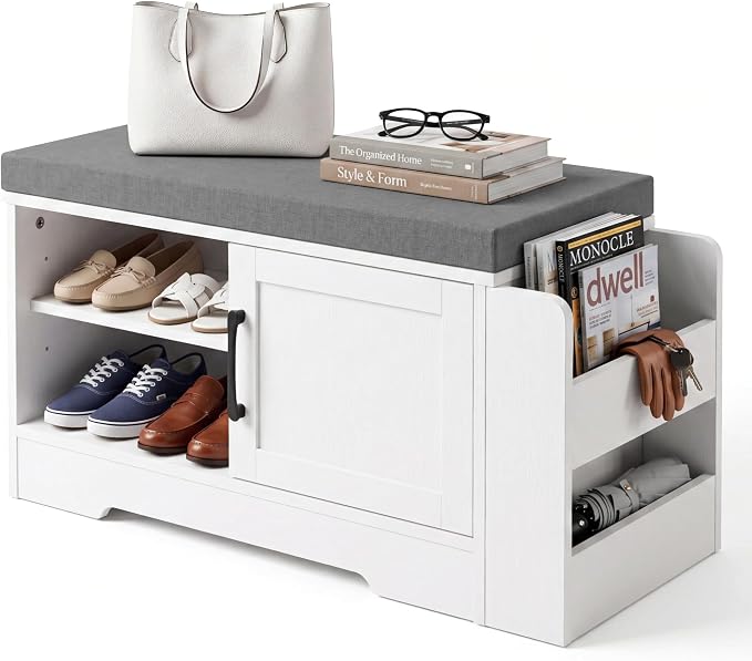 Farmhouse Shoe Storage Bench with 3-in-1 Entryway Storage & Padded Seat