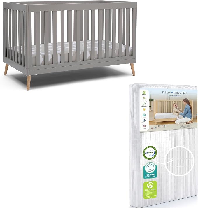 Delta Children Essex 4-in-1 Baby Crib & Mattress, Grey/Natural