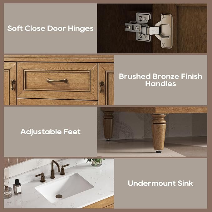 48 Inch Bathroom Vanity with Sink Combo, Light Walnut | Classic Cabinet with Countertop & Backsplash, Solid Wood Frame with Soft Closing Doors & 3 Dovetail Drawers, Ceramic Sink