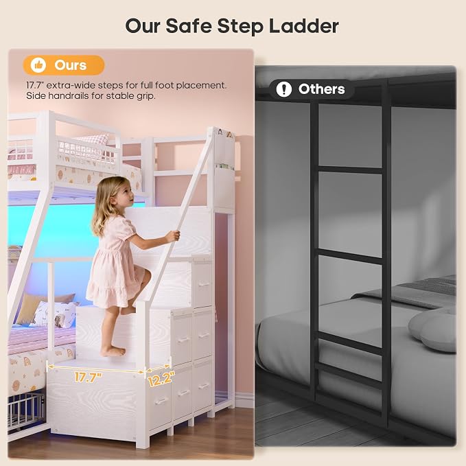 BTHFST Bunk Bed Twin Over Full with Stairs, Storage Drawers and LED Lights