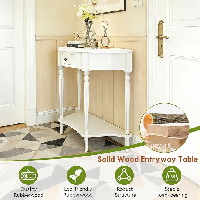 Half Moon Console Table Solid Wood Vintage Entryway Table with Storage Drawer Small Hallway Table for Entryway Half Round Foyer Tables Walnut Entry Way Tables For Entrance(White, W-31.5")