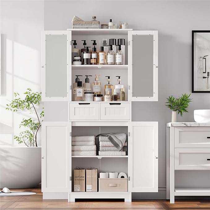 HORSTORS 67" H Bathroom Storage Cabinet, White Linen Cabinet with Drawers | Freestanding Bathroom Cabinet with Glass Door & Shelf, Modern Tall Storage Cabinet for Bathroom, Living Dining Room, Kitchen