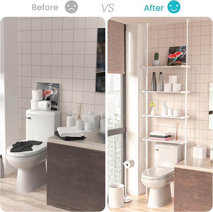 Home Zone Living Over-the-Toilet Organizer Bathroom Storage Organizer | Tension-Mounted Design with Adjustable 4-Tier Shelves, for Ceilings 91" to 114" High, White