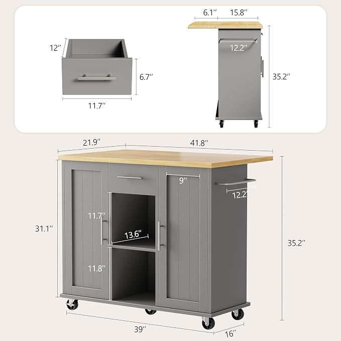 Shintenchi Kitchen Island with Storage, Bar Cart Cabinet Island Table on Wheels, Rolling Microwave Cart for Kitchen with Drop Leaf, Drawers, Towel Rack, Seating Area for Dining Room, Gray