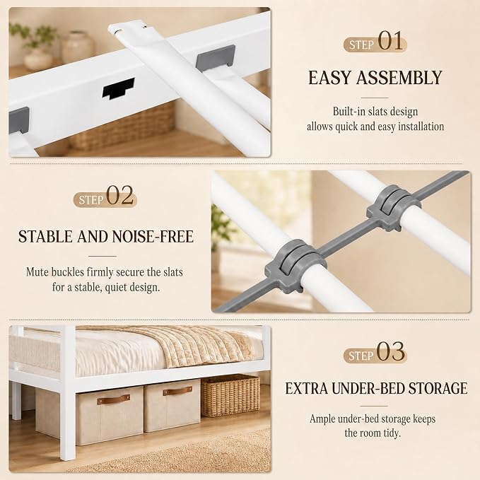 Feonase Metal Bunk Bed Full Over Full with Ladder and High Guardrail, Heavy-Duty Metal Slats Support, Noise Free, No Box Spring Needed, for Kids and Juniors, White