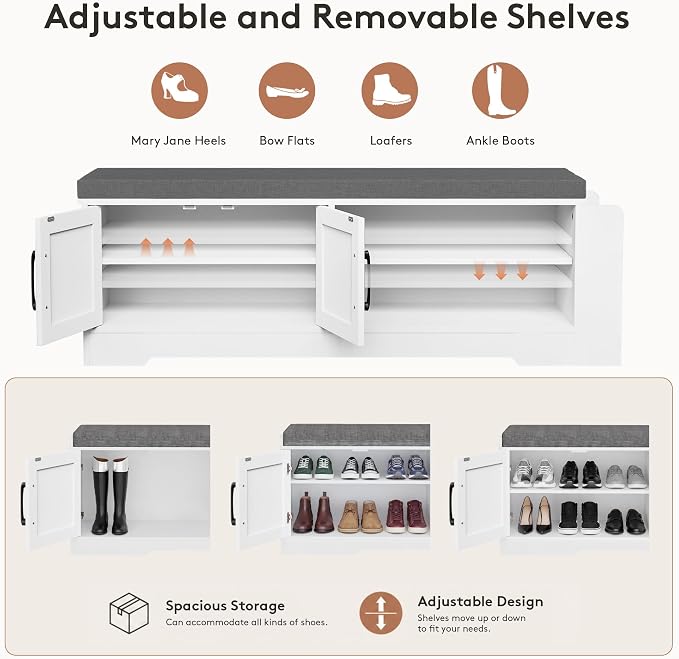 Farmhouse Shoe Storage Bench with 3-in-1 Entryway Storage & Padded Seat