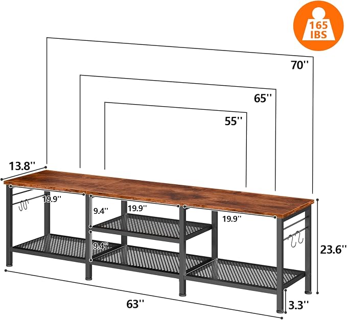 Furologee 63 Inch TV Stand, Entertainment Center with Shelves, Rustic Brown