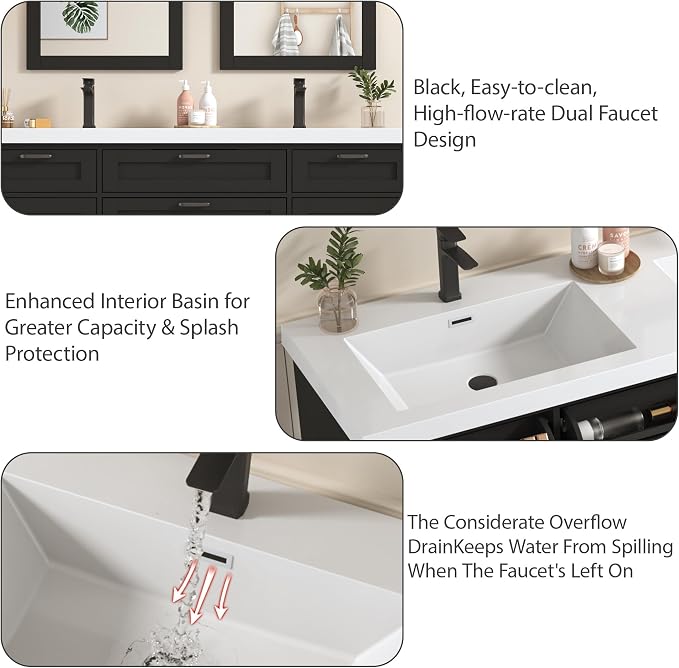 59" Bathroom Vanities Cabinet with Double Sink Combo,Modern Undermount Vanity Sink Cabinet with 2 Storage Doors and 3 Drawers,High Freestanding Bathroom Storage Cabinet with 3 Flip-top Drawers(Black)