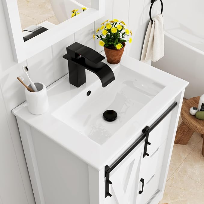 chartustriable 24 Inch Bathroom Vanity with Sink & Faucet & Mirror, Farmhouse Bathroom Vanity Cabinet Set with Sliding Barn Door & Drawers, Small Single Bath Storage Vanity Sink, White