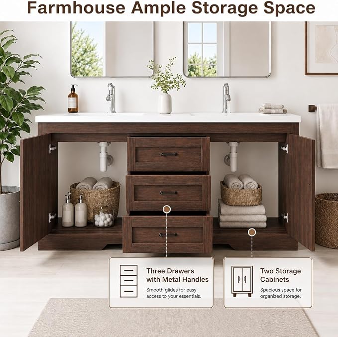 Cushore Double Sink Bathroom Vanity, 60 Inch Bathroom Vanity Double Sink with 2 Farmhouse Barn Doors & 3 Drawers, Dual Rounded Basins, Bathroom Vanity Sink Cabinet, Rustic Brown