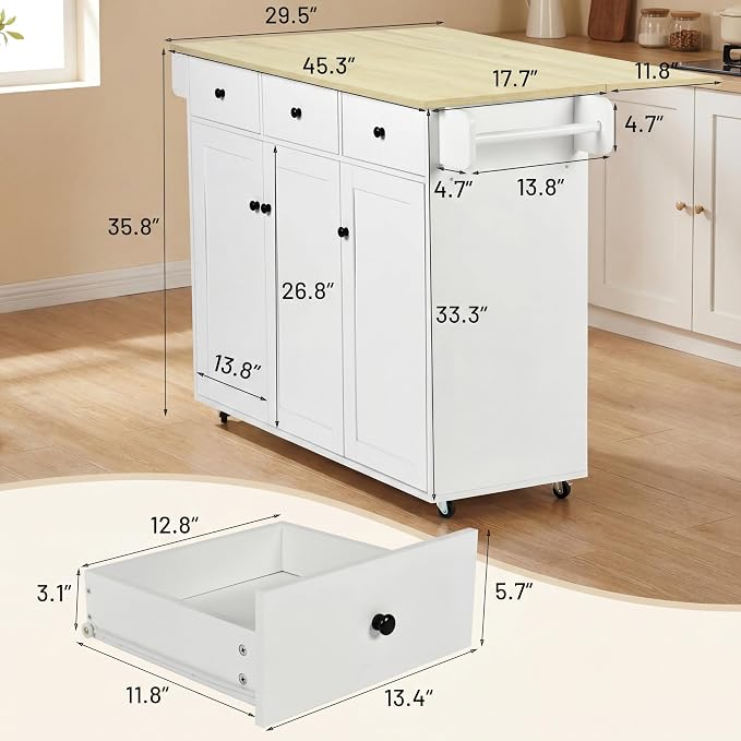 Kitchen Island Cart on Wheels with Drop Leaf & Storage - 45" Rolling Kitchen Cart with Locking Casters, 3 Drawers, 2 Cabinets & Towel Rack, Light Oak Top, White Farmhouse Style