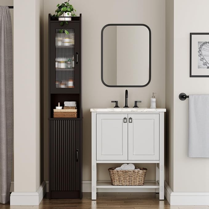 71'' Tall Bathroom Cabinet, Narrow Slim Storage Cabinet, Freestanding Fluted Floor Linen Tower for Small Space Bathroom Oragnizer for Living Room Kitchen (Espresso)
